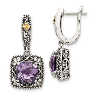 Diamond2Deal Sterling Silver with 14K Accent Antiqued Cushion Amethyst Hinged Hoop Dangle Earrings