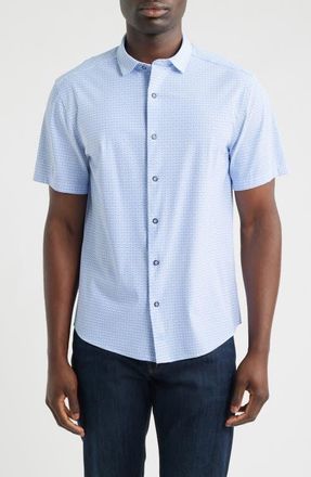Johnston & Murphy XC+ Motion Microprint Short Sleeve Performance Knit Button-Up Shirt in Blue Dotted Tile at Nordstrom, Size Medium