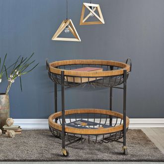 Dmora Carrito Zakopa, 2 Estantes, Ruedas, Con 2 Cestas De Rat&aacute;n, 57x56x63 Cm, Marr&oacute;n