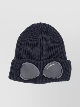 C.P. Company cable knit beanie with folded brim and goggle