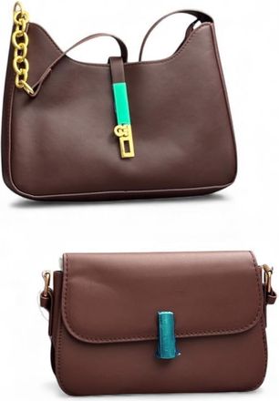 Generic 2-Piece Fashion Bag Collection; Womens Brown Leather Handbag Set with Gold Chain and Crossbody Purse