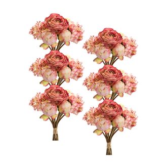Melrose International Coral Pink Peony and Hydrangea Flower Bouquet (Set of 6) - Pink, Beige, Green