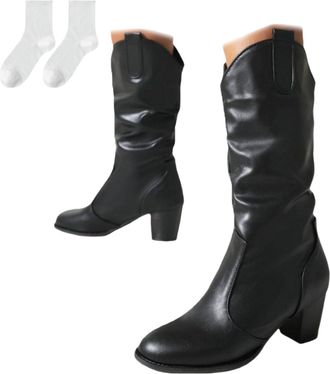 Generic Womens Knee-High Boots, Pull-On Boots in A Leather Look with A Block Heel And Ruched Shaft, Comfortable Tall Boots for Everyday Wear, Leisure, Autumn 