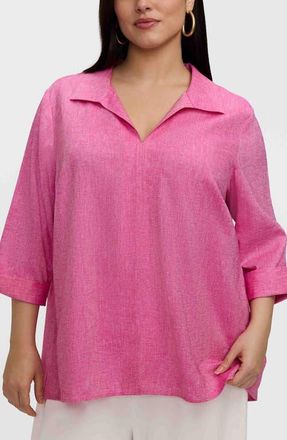 Foxcroft Agnes Three-Quarter Sleeve Linen Blend Top in Cosmo Pink at Nordstrom, Size 2X