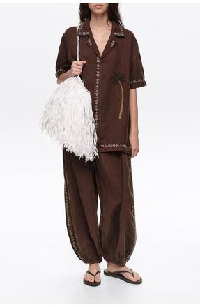 Bimba & Lola Linen Palm Tree Embroidered Shirt in Brown at Nordstrom, Size X-Small Eu