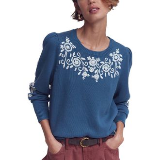 Boden Davina Embroidered Puff Sleeve Sweater in True Navy, Embroidery at Nordstrom, Size X-Large