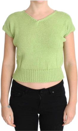 Pink Memories Groene Mouwloze Gebreide Vest Trui - Dames - V-hals truien - Groen - ONE Size - Katoen - Truien & Vesten