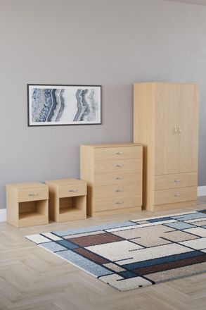 Home Discount Riano 4 Piece Bedroom Set - 1 Drawer Bedside, 5 Drawer Chest, Wardrobe in Brown
