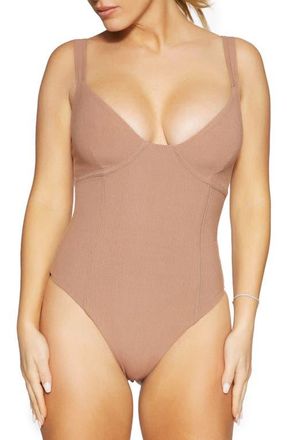 Naked Wardrobe Faux Bustier Ribbed Bodysuit in Coco at Nordstrom, Size Large