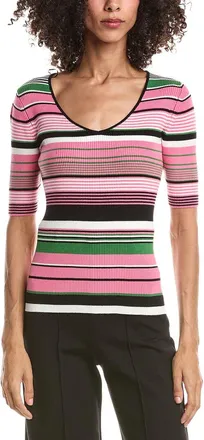 T Tahari Elbow Sleeve Variegated Rib V-Neck Pullover