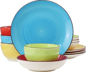 Elama Mason 12 Piece Double Bowl Stoneware Dinnerware Set in Assorted Colors