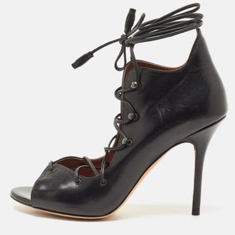 Malone Souliers Black Leather Savannah Open Toe Ankle Wrap Pumps