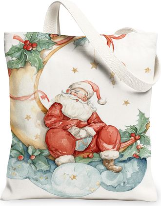 Generic Christmas Canvas Tote Bags, Festive Santa Claus Design Reusable Shopping Bags, Fanciful Holiday Lightweight Washable Shoulder Strap Canvas for Gifts T