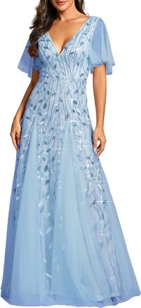 Ever-pretty Womens V Neck Short Sleeve Elegant Floor Length A Line Long Tulle Evening Dresses Sky Blue 24UK