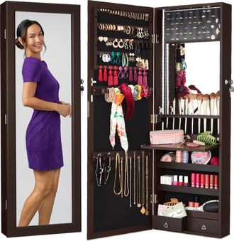 Best Choice Products Hanging Mirror Jewelry Armoire, Door or Wall Mounted Cabinet w/ LED Lights, Lock