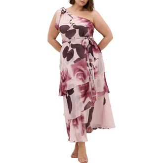 City Chic Metallic One-Shoulder Tiered Dress in Romantic Bloom at Nordstrom, Size Xxxs