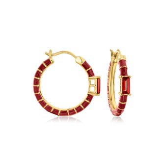 Ross-Simons Garnet and Red Enamel Hoop Earrings in 18kt Gold Over Sterling