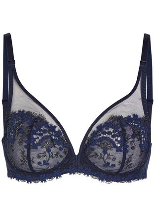 Simone P&eacute;r&egrave;le Simone P&Eacute;R&Egrave;LE Wish Floral-embroidered Tulle Plunge bra - Dark Blue - 32E