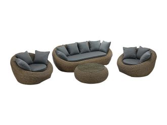 Vente-Unique Conjunto de jard&iacute;n de resina trenzada natural oscuro: sof&aacute;, 2 sillones y mesa de centro - WHITEHEAVEN de MYLIA