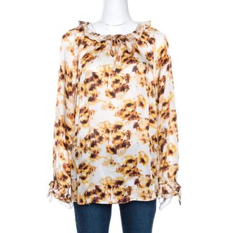 Carolina Herrera CH Carolina Herrera White & Brown Printed Silk Ruffled Blouse L