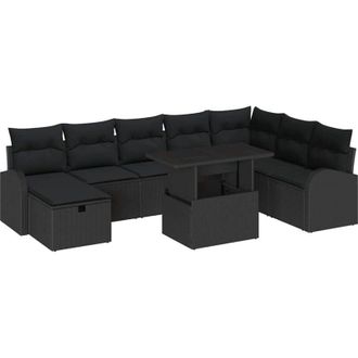 vidaXL Conjunto De Sof&aacute; De Jard&iacute;n Con Coj&iacute;n 9 Pcs Negro Polirat&aacute;n