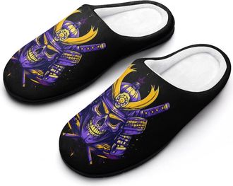 Generic Purple Yellow Samurai Mask Mens House Slippers Memory Foam Washable Cotton Slip on Home Shoes