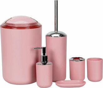 OEM Juego De Accesorios De Ba&ntilde;o De 6 Piezas, Pl&aacute;stico Negro Mate Y Rosa, Cepillo De Almacenamiento Y Dispensador De Jab&oacute;n