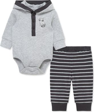 Little Me Raccoon Hooded Cotton Bodysuit & Pants Set in Grey at Nordstrom, Size 12M
