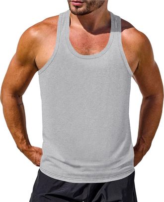 Generic Mens Vests Sleeveless Summer Casual Mens Tank Top Vest Crewneck Waffle Tee I-Shaped Gym Workout Top Comfy Holiday Undershirt Gray