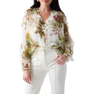 Marciano Hassana Ruffle Floral Print Top in White Multi at Nordstrom, Size 6 Us