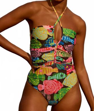 Farm Rio Fish Print One-Piece Swimsuit In Black/multi