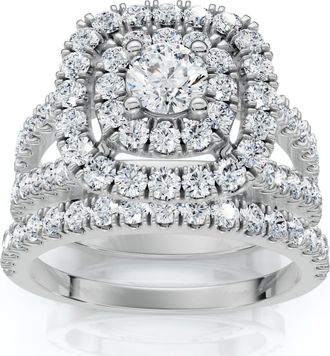 Pompeii3 1 1/10 Ct Lab Grown Diamond Cushion Halo Engagement Wedding Ring Set White Gold