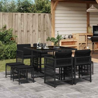 vidaXL Set De Comedor De Jard&iacute;n 9 Pzas Y Cojines Rat&aacute;n Sint&eacute;tico Negro Vidaxl