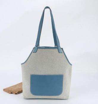 Herm&egrave;s Blue Jean Leather Canvas Shoulder Bag Tote Bag (Pre-Owned)