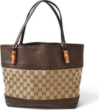 Gucci Beige Brown Gg Canvas Leather Tote Bag (Pre-Owned)