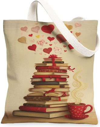 Generic ValentineS Canvas Tote Bags, Heart Pattern Reusable Grocery Bags, Lightweight Washable Shoulder Strap for Travel Gym Outdo, Beige, 13x15 Inch