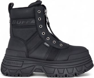 Buffalo Buffalo Womens Black Chunky Platform Front Zip High Ankle Combat Boots - Fusion