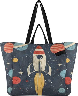 Generic Planet Star Blue print Reusable Canvas Tote Bag, Heavy Duty Grocery Shopping Bag with Large Capacity Hard Bottom Double Handles Work Groceries Travel