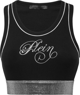 Philipp Plein Tops, Dames, Zwart, S, Katoen, Cropped Tanktop Elastische Strass