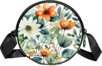Generic Circle Crossbody Bag for Women, Floral Leaves Small Sling Bag Daypack with Zipper Adjustable Shoulder Straps Casual Ladies Girls Round Purse