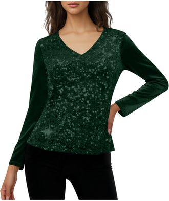 Generic Sequin Tops 3/4 Sleeve Velvet Shirts for Women UK Sparkly V Neck Blouses Cozy Soft Patchwork Pullover Glitter Elegant Fitted Blouses Versatile Casual 