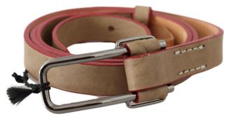 Costume National Womens Beige Leather Silver Logo Buckle Waist Belt