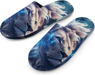 Generic Lion And Thunder Flannel Mens Slip-on Slippers Winter Warm House Shoes with Rubber Sole for Home Hotel