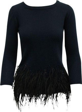 Carolina Herrera Navy Blue Sweater with Black Feathers
