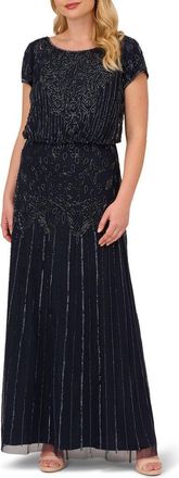 Adrianna Papell Beaded Blouson Gown in Navy at Nordstrom, Size 14 W