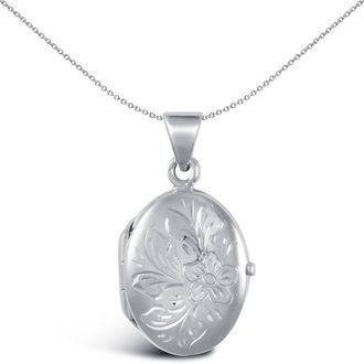 Jewelco London 9ct White Gold Engraved Flower Oval Locket Pendant - JLC114