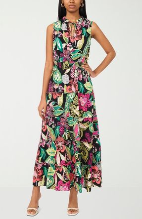 Halogen Tie Keyhole Sleeveless Tiered Maxi Dress in Black Multi at Nordstrom Rack, Size Medium