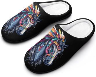 Generic Horse Riding Native US Indian Womens Slippers Warm House Slippers Indoor House Shoes with Anti-Skid Rubber Sole