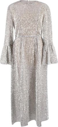 Huishan Zhang Silver Sequin Embellished Frill Sleeved Maxi Dress Size S