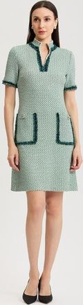 Ming Wang Fringe Trim Jacquard Basketweave Knit Sheath Dress in Kelly Green/indigo/ivory at Nordstrom, Size X-Large